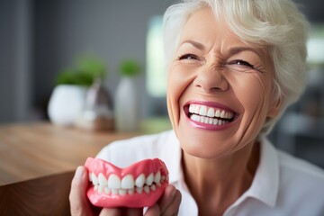 Happy Senior Woman Holding Dentures in Storage Area - obrazy, fototapety, plakaty