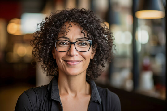 Smiling woman with curly hair wearing black indoors.