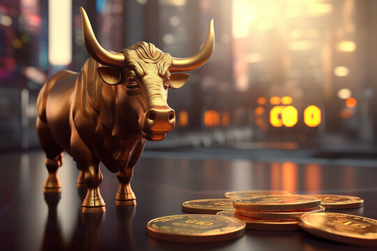 golden bitcoin BTC coin with golden bull for crypto bull market concepts, mixed digital 3d illustration and matte painting