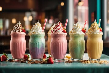 A group of colorful milkshakes with whipped cream 