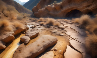 Dried up riverbed as a result of climate change and increase in extreme weather events.  Generative AI