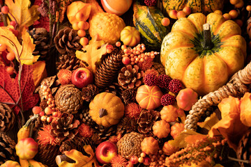 Autumn composition on a rustic wooden background. Decorative pumpkins, various leaves, pine cones,...