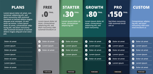 Ribbon pricing tables or subscription plans with account features information or list of included options and price. Infographic design template. Flat vector illustration for website, application.