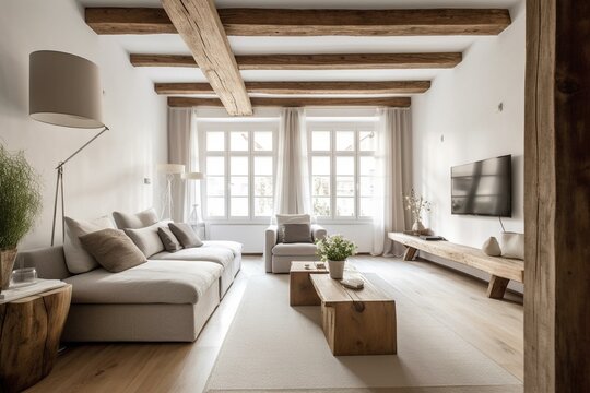 Modern living room with rustic wood beams and linen furniture. Generative AI