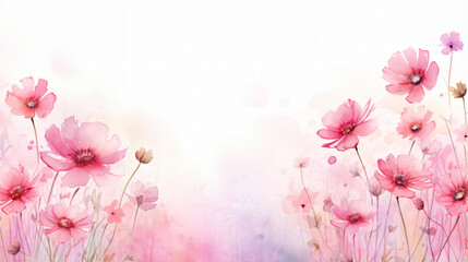 Fototapeta na wymiar flowers border watercolor background in spring pink