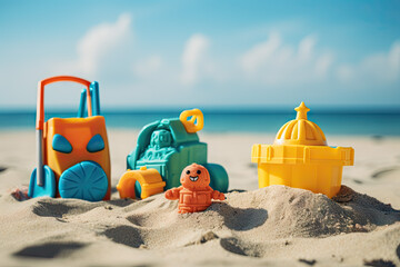 Colorful plastic toys on a sandy beach. Selective focus.