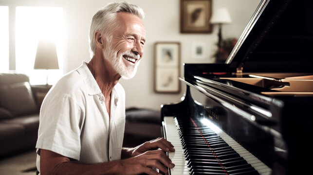 An older man plays the piano, smiling as his fingers dance across the keys in perfect harmony.