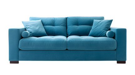 Modern blue sofa with a transparent background, perfect for chic and stylish home interiors. - obrazy, fototapety, plakaty
