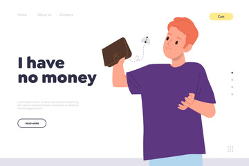 I have no money landing page template with depressed poor man character with financial problem
