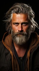 Obraz premium Bearded middle-aged man wearing glasses looking at camera with a serious expression in a close up head and shoulders portrait. Man face portrait illustration. Generative AI