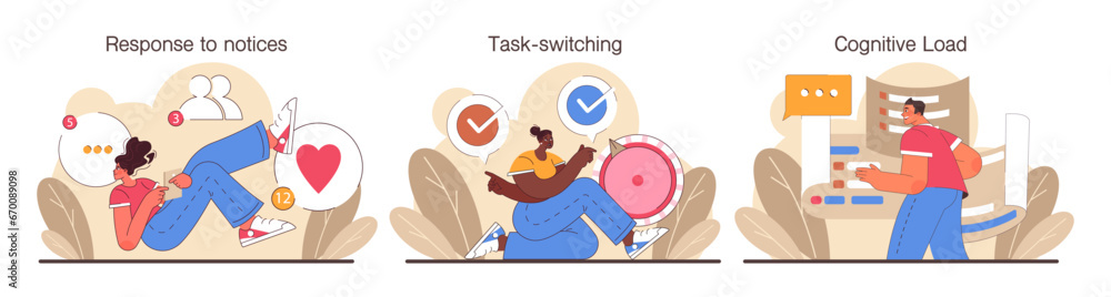 Aufkleber digital multitasking set. effective and competent office worker media consumption management. busine