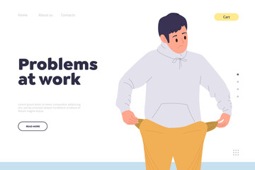 Problems at work landing page template with frustrated unhappy man employee character design