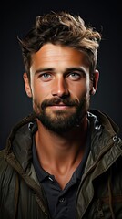 Obraz premium Portrait of young smiling handsome man on background. Man face portrait illustration. Generative AI