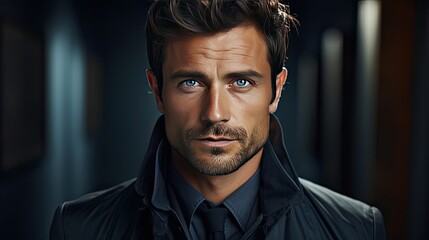 Handsome young man posing on background. Portrait of satisfied businessman against grey wall. Close up face of fashionable latin man on grey background. Generative AI art