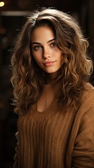 Fototapeta premium Portrait of young happy beautiful woman smiling and standing on background in a warm sweater. Young female girl with a perfect smile looking right. Smile emotion illustration. Generative AI