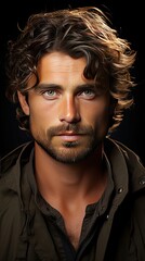 Fototapeta premium Close-up portrait of a handsome young man with brave manly face. Male beauty, cosmetics. Man face portrait illustration. Generative AI