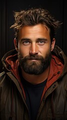 Obraz premium Closeup portrait of smiling man 30s having bristle looking at camera over background. Man portrait illustration. Generative AI