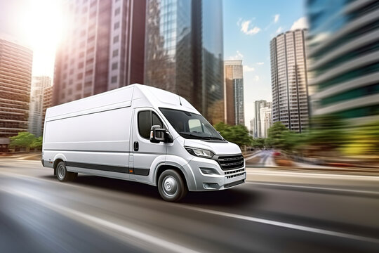 fast speed van delivery truck driving fast in the city to deliver order as wide mockup banner with copyspace