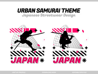urban samurai. Samurai vector silhouette for design t-shirt concept. Japanese streetwear t-shirt design. silhouette for Japanese theme. samurai streetwear t-shirt. cyberpunk theme samurai.
