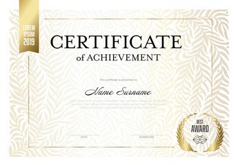 Modern light golden certificate template with golden floral pattern - Powered by Adobe