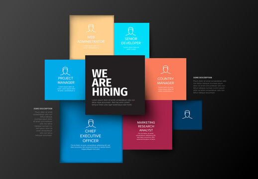 We are hiring minimalistic dark flyer template with squares containing position names