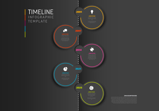 Simple dark five steps vertical timeline infographic template made from circles