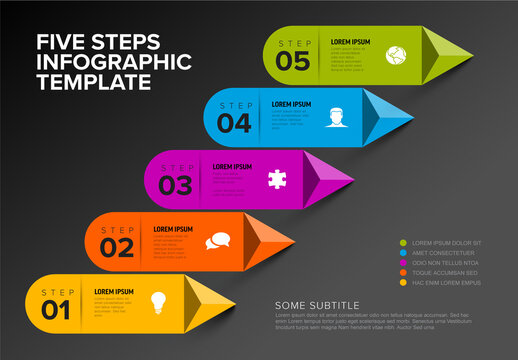 Simple dark infographic with title and five diagonal steps on solid arrows