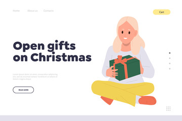Open gifts on Christmas landing page with happy girl child cartoon character holding present