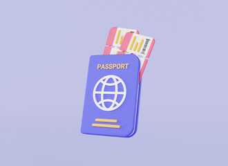 International passport with tickets. Airline boarding pass ticket, Passenger ticket, Passport for travel and immigration, Identification document, Travel and tourism concept. 3d render illustration