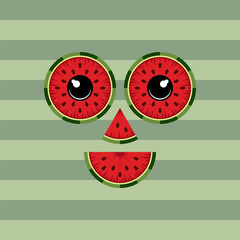 Cheerful smiling face made from slices of juicy red watermelon. Isolated vector object.