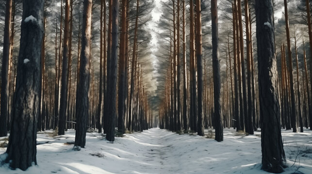 long shot of pine forest on winter season