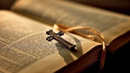 A bookmark with a cross rests on the page of the Holy Bible. AI generated