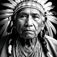 Obraz premium Black and white portrait of an elderly native American man. Generative AI