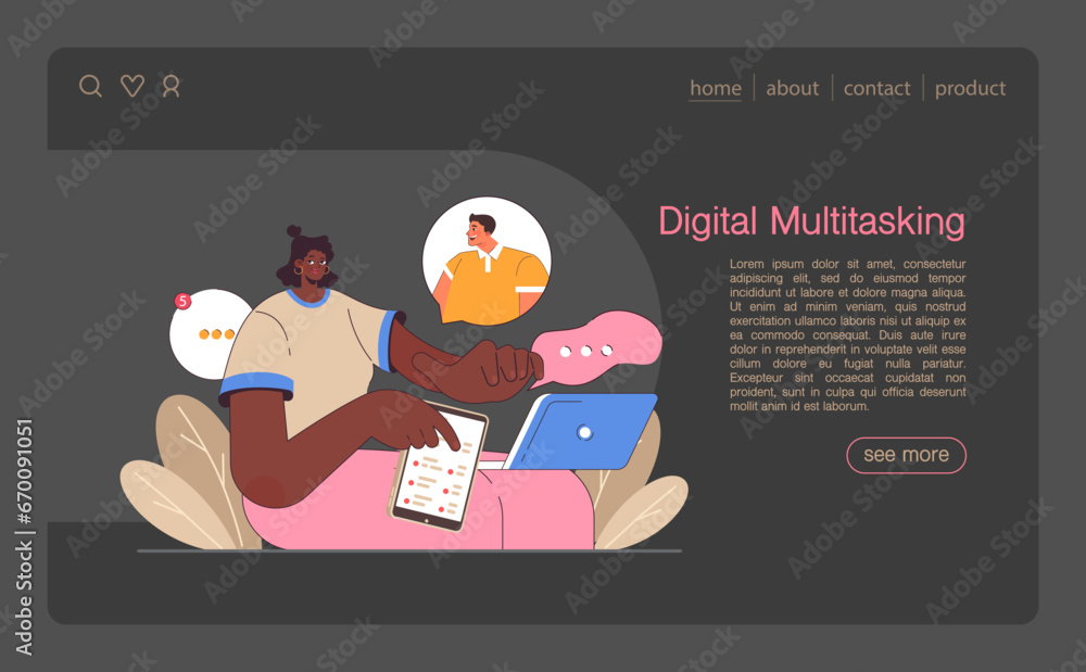 Aufkleber digital multitasking web banner or landing page dark or night mode. effective and competent office w