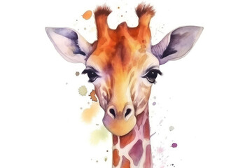 Cute 3D little giraffe with big eyes kids cartoon illustration digital artwork isolated on white. Funny baby giraffe, hand drawn watercolor for package, postcard, brochure, book - obrazy, fototapety, plakaty