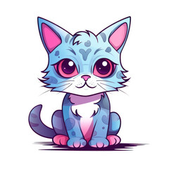 Obraz premium Cute amusing little cat with big eyes kids cartoon illustration digital artwork isolated on white. Funny kitten, hand drawn comic painting for package, postcard, brochure, book