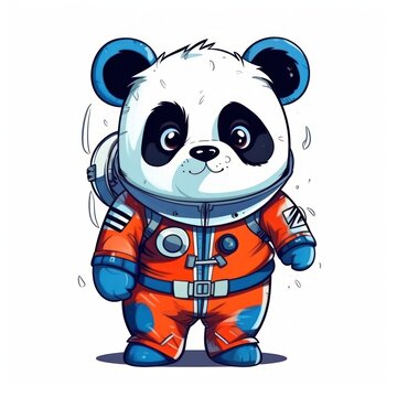 Cute amusing little panda astronaut with big eyes kids cartoon illustration digital artwork isolated on white. Funny panda, hand drawn comic painting for package, postcard, brochure, book