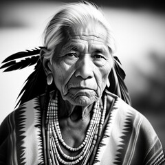 Black and white portrait of an elderly native American man.  Generative AI - obrazy, fototapety, plakaty