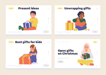 Isolated set of landing page design template with happy kids character received present on holidays