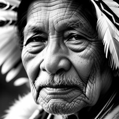 Black and white portrait of an elderly native American man.  Generative AI