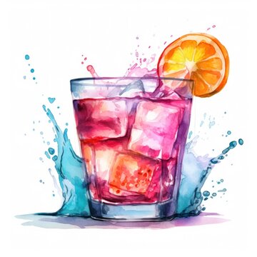 Tropical cocktail with ice splashing. Hand drawn watercolor summer refreshing alcoholic drink. Cocktail with splash, digital abstract illustration for advert, menu, isolated on white