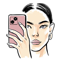 Beautiful woman takes selfie. Girl model face sketch