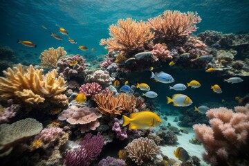Fototapeta na wymiar Beautiful picturesque underwater world with colorful fish, algae, coral reefs
