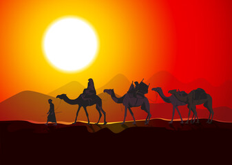 Desert camel caravan silhouette over the sunset