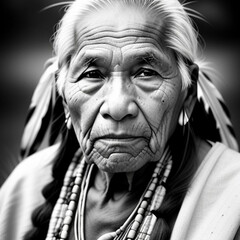 Black and white portrait of an elderly native American man.  Generative AI