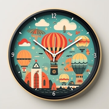 Cute round wall clock with a face decoration inside is a cartoon image. Vintage style. Suitable for children's room.