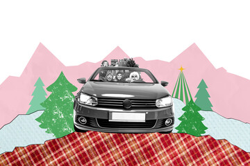 Creative drawing collage picture of funny santa claus elves deliver gifts car driving happy...