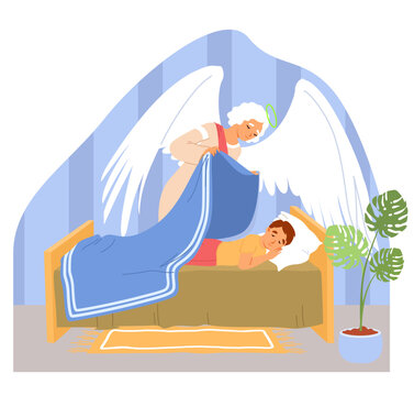 Angel keeper with wings caring for sleeping boy child