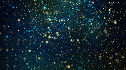 Abstract dark blue background with green tints and golden sparkles. - obrazy, fototapety, plakaty