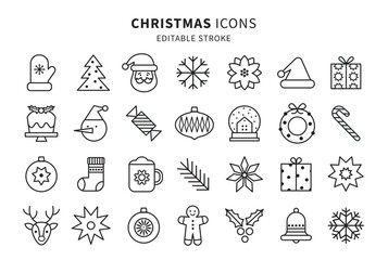 Set of Christmas outline icons. Holiday symbol. Xmas line icons collection. Editable stroke. Vector illustration. - obrazy, fototapety, plakaty